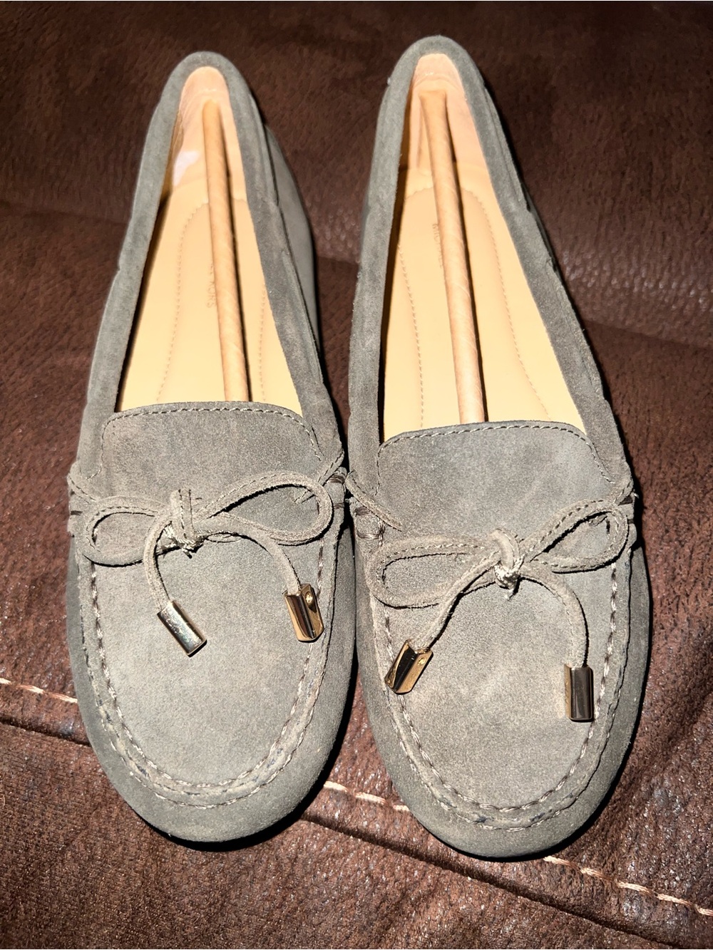 NEW Michael Kors Olive Suede Bow Moccasins with Gold Aglets